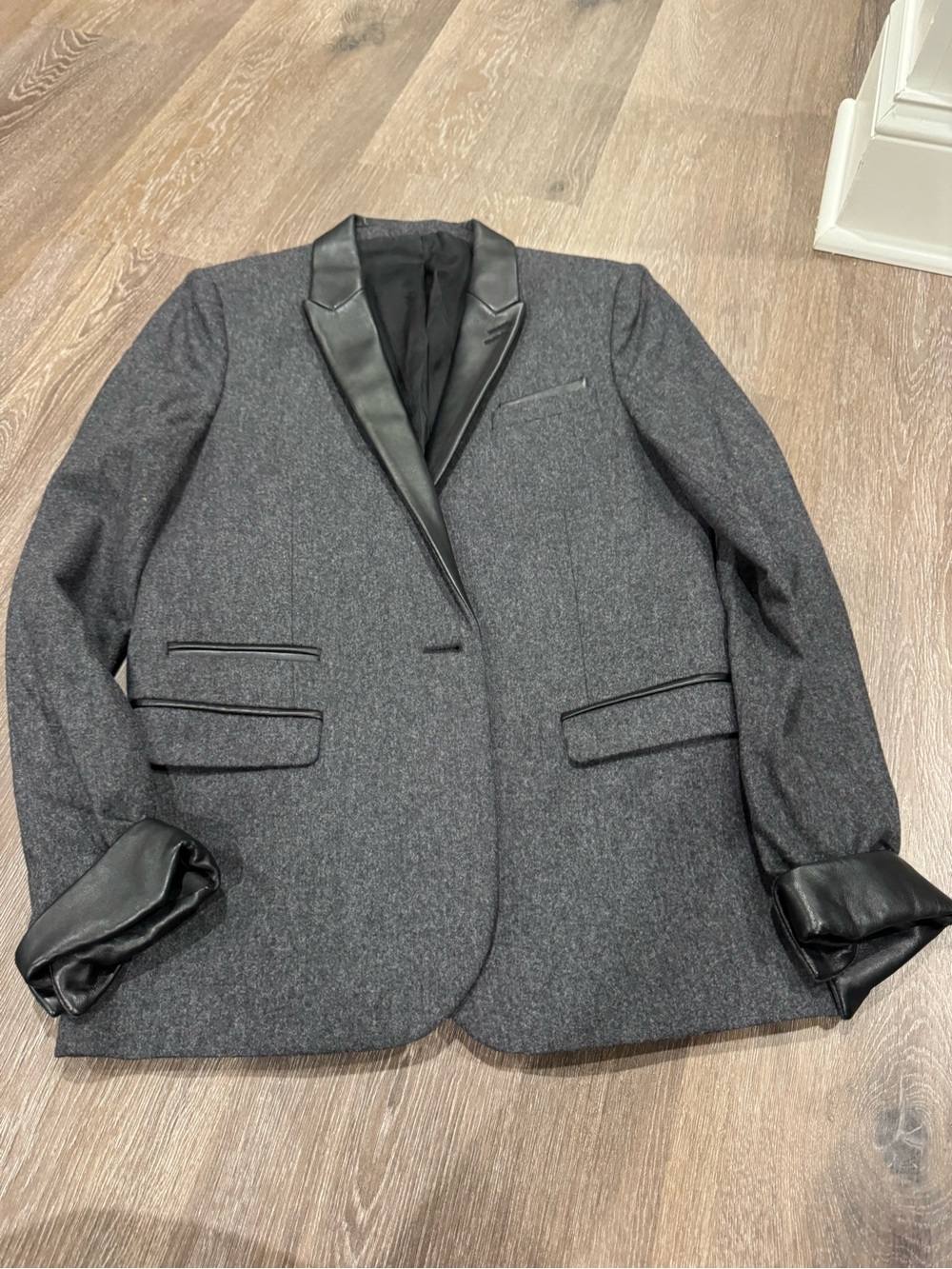 The Kooples Charcoal Gray Blazer with Black Leather Trim